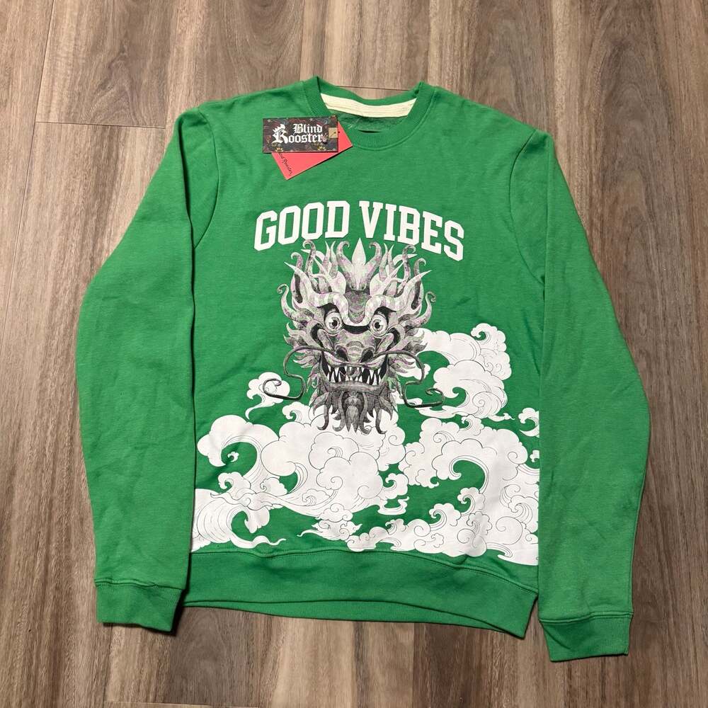 Blind Rooster Green Good Vibes Dragon Graphic Crew Neck Sweatshirt